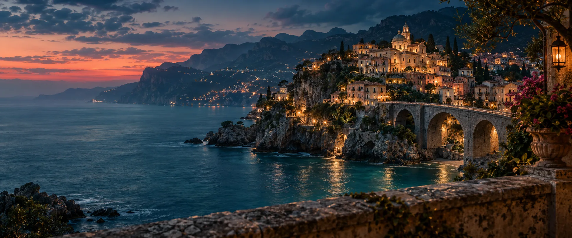 Original sample film artwork of an illuminated coastal village at dusk
