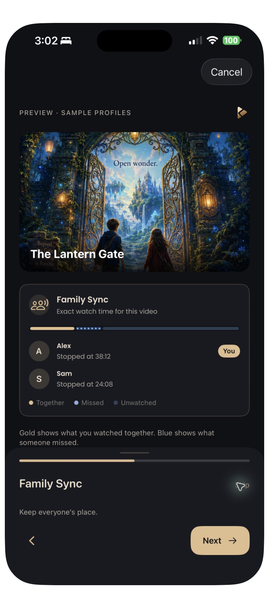 Kaevo Family Sync screen showing sample profiles Alex and Sam and their saved progress